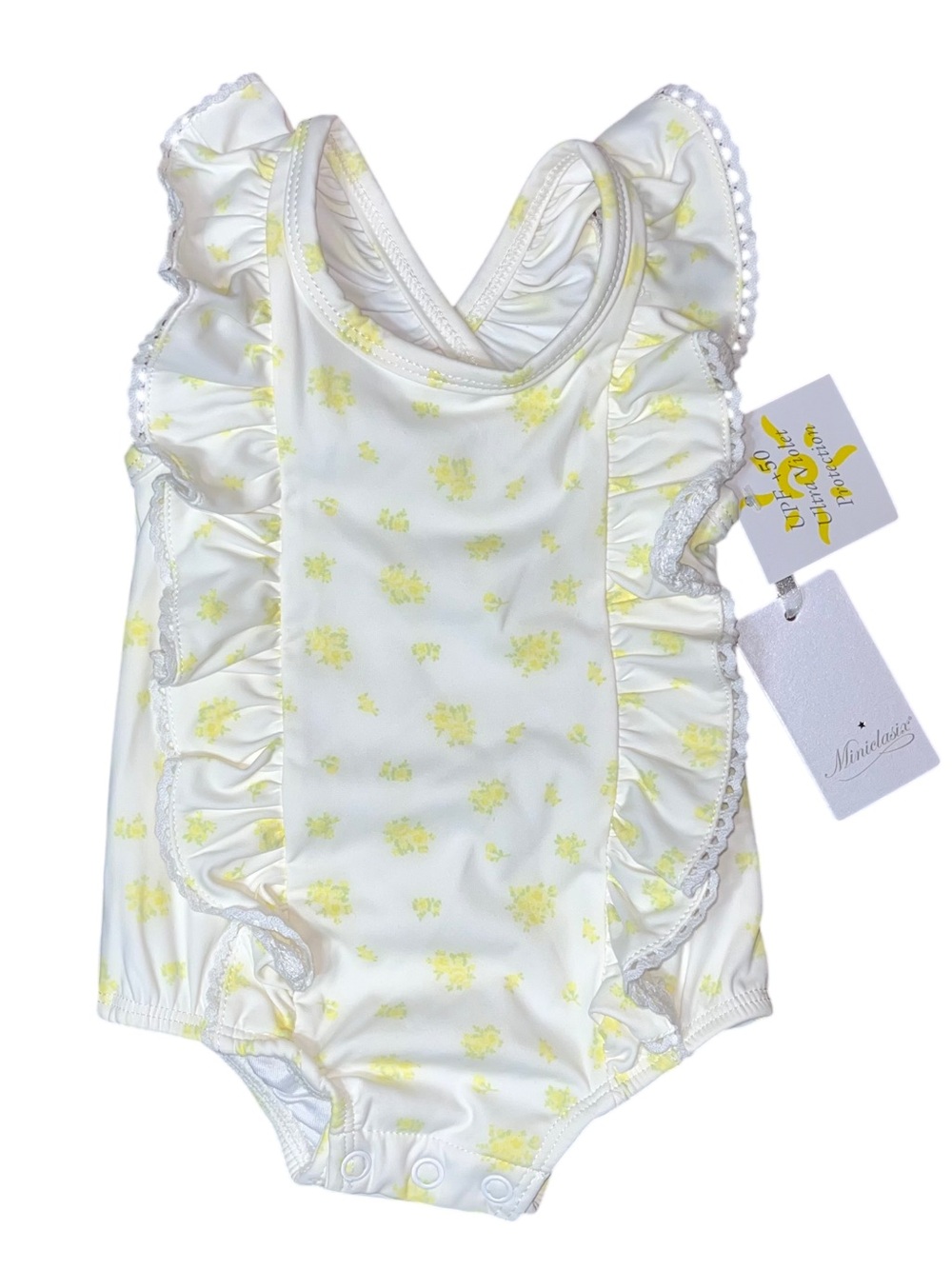 Miniclasix Ivory Yellow Ruffle Snap One Piece Swim Suit NWT 3-6 Months Lace Baby